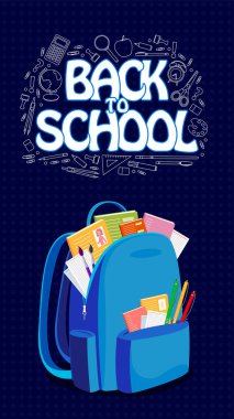Back to school text. Blue backpack on a dark background and white pencil elements. Vector vertical illustration
