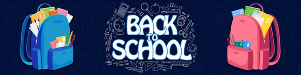 Back School Text Blue Backpack Dark Background White Pencil Elements — Διανυσματικό Αρχείο