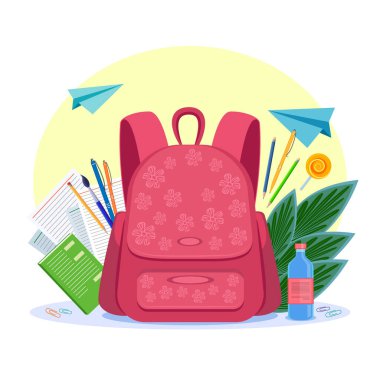 Illustration Back to school. Pink school backpack and other items. Notepad, sheets of paper and pens near the bag