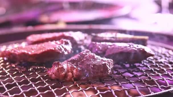 Korean Barbecue Barbecue Restaurant Roasting Meat Table Cooking Coals Roasting — Stockvideo
