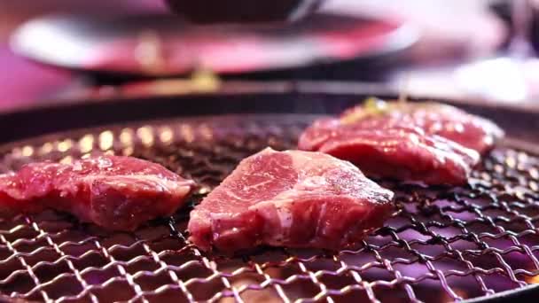 Korean Barbecue Barbecue Restaurant Roasting Meat Table Cooking Coals Roasting — Stok video