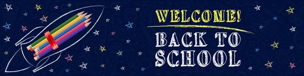 Banner Back School Few Pencils Drawing Rocket Asterisk Website Banner — 스톡 벡터