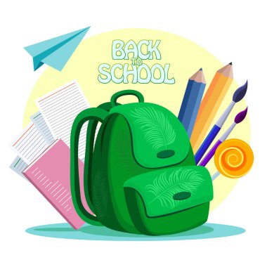Green school bag and study supplies: brushes, pencils, textbook. Back to school banner