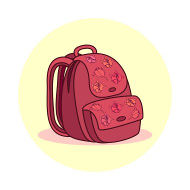 Pink backpack with flower print. The subject of tourism or study. Vector illustration of a school bag for a girl