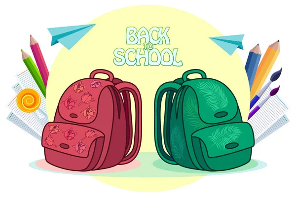 Banner Back School Two School Backpacks Guy Girl Yellow Background — 스톡 벡터