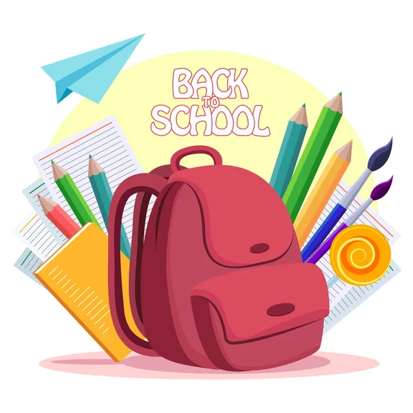 Banner Back School Pink School Backpack Study Supplies Vector Illustration — Vetor de Stock