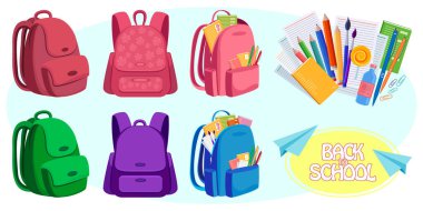 A set of school backpacks for boys and girls. Elements for creating design, pencils, brushes, books and the inscription Back to school