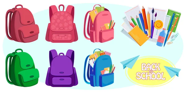 Set School Backpacks Boys Girls Elements Creating Design Pencils Brushes — 스톡 벡터