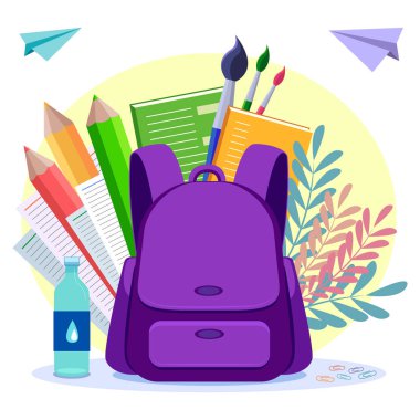 Banner by September 1st. Back to school. School bag and items for learning. Bright vector illustration for the beginning of the school year