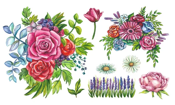 Set of watercolor flowers, bouquets and separate elements. Drawings made by hand with colored paints. Flowers for cards, decorations for banners or invitations for a wedding, birthday or other holiday