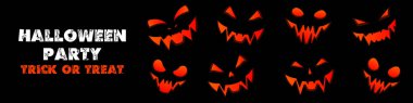 Halloween banner. Glowing orange faces of pumpkins on a black background. Set of toothed monster faces