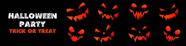 Halloween Banner Glowing Orange Faces Pumpkins Black Background Set Toothed — Stock Vector