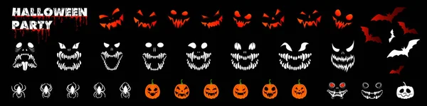Halloween Banner Set Pumpkins White Orange Toothed Monster Faces Spiders — Vetor de Stock
