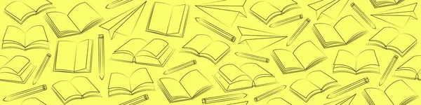 Banner Website Yellow Color Contour Books Pencils Back School Vector — Vetor de Stock