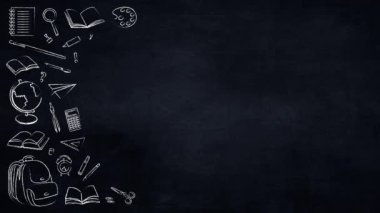 Teacher's Day. Creative banner Back to school. 4K animated banner design with black school board and white chalk drawings. Drawn school items for education
