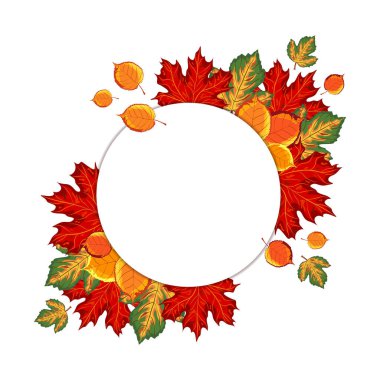 Vector background with white circle and autumn colorful leaves. Place for your information, autumn discounts, promotions