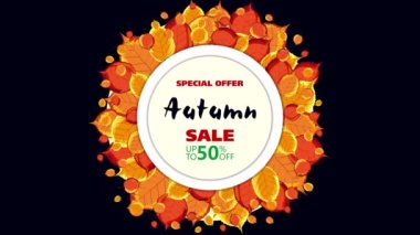 Animation banner with a white circle and autumn colorful leaves on a black background. Promotion banner, autumn special offer, up to 50% discount. Autumn design