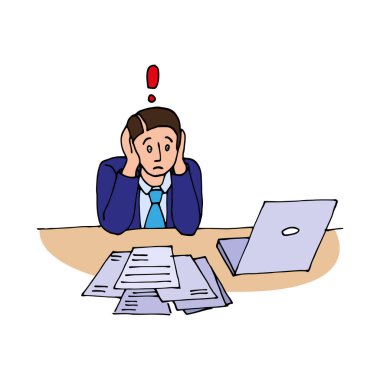Ürkmüş bir ofis çalışanı, dizüstü bilgisayarın yanında takım elbiseli bir yönetici. Takım elbiseli stilize bir adam, ofis yaşam vektör çizimi. Vektör illüstrasyonu