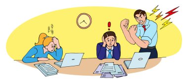 Kötü çalışma ortamı, kızgın patron. Son teslim tarihini kaçırdım. İşteki baskıların vektör illüstrasyonu