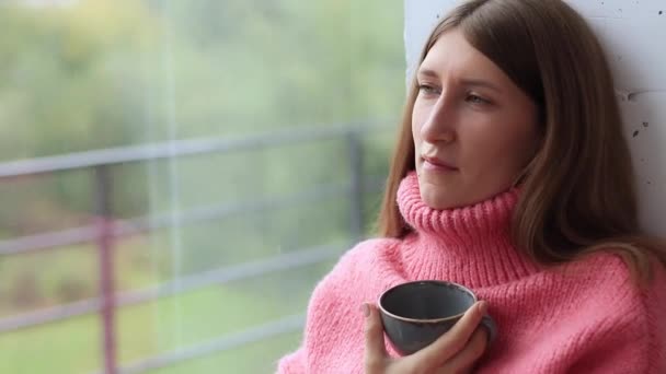 雨の日は窓からお茶を飲んでいる女の子 秋の気分 暖かいセーターと居心地の良い雰囲気 少女の肖像画 — ストック動画
