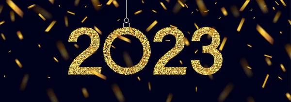Baner Noworoczny Czarnym Tłem Złotymi Numerami 2023 Błyszczącymi Szczęśliwego Nowego — Wektor stockowy