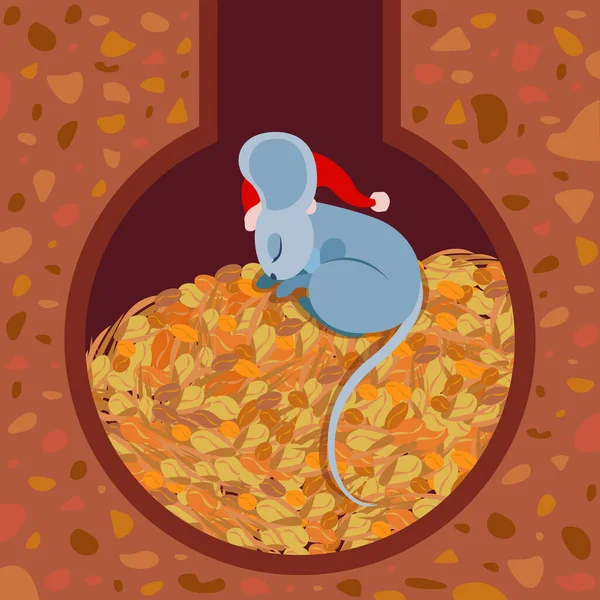 Маленькая Мышка Новогодней Шляпе Спит Норе Колодках Зерна Векторная Иллюстрация — стоковый вектор