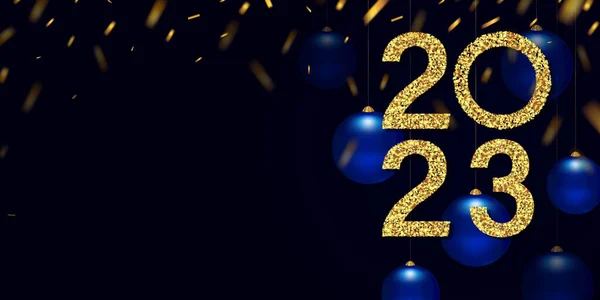 Feliz Ano Novo 2023 Números Ouro Confetes Bolas Vidro Azul —  Vetores de Stock