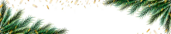 Рождественское Белое Знамя Еловыми Ветвями Золотыми Конфетти Праздничное Знамя Вектор — стоковый вектор