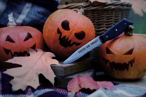 Halloween Koncepció Csendes Élet Érett Sütőtök Festett Gonosz Arcok Tökök — Stock Fotó