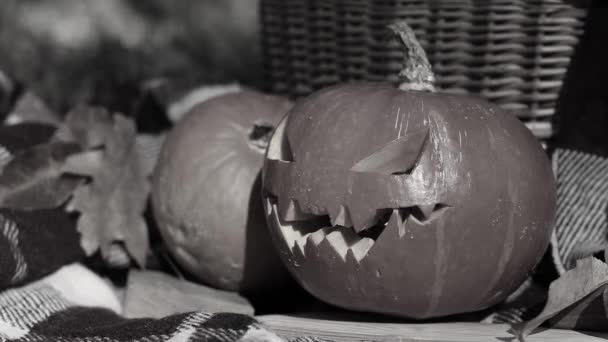 Czarno Biały Filmik Dynią Halloween Odrobiną Dymu Wydobywającą Się Niego — Wideo stockowe