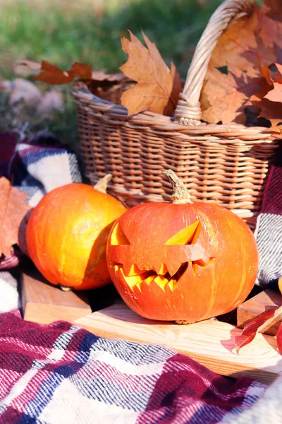 Dynia Halloween Jesienna Kompozycja Dynie Kratę Przy Koszu Jesiennymi Liśćmi — Zdjęcie stockowe