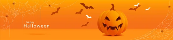 Bandiera Arancione Con Una Zucca Sorridente Malvagia Halloween Illustrazione Vettoriale — Vettoriale Stock