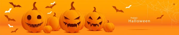 Pomarańczowy Sztandar Grupą Dojrzałych Dyń Halloweenowymi Twarzami Ilustracja Wektora Gratulacyjne — Wektor stockowy