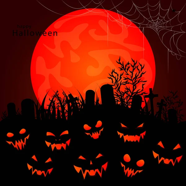 Halloween Ilustracja Wektor Cmentarza Księżyc Potwory Świecącymi Czerwonymi Oczami Szczęśliwego — Wektor stockowy