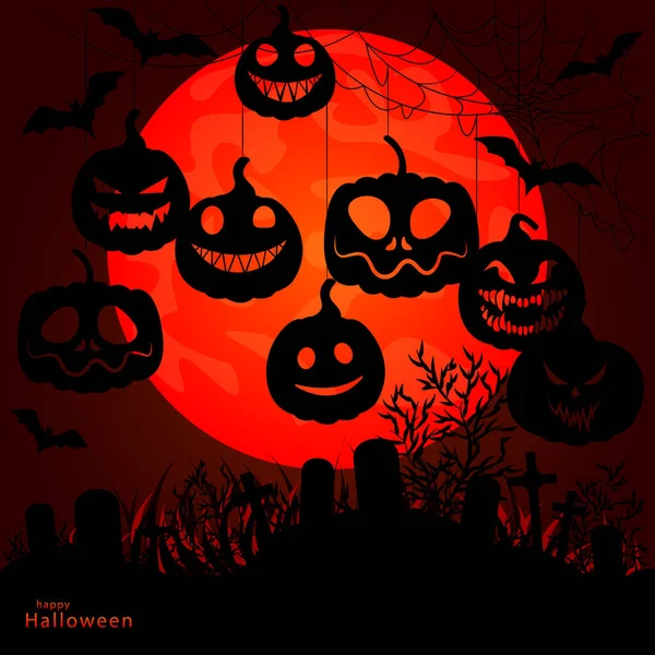 Halloween Wektorowa Ilustracja Cmentarza Księżyca Dyń Powieszonych Sieci Strasznymi Twarzami — Wektor stockowy