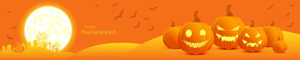 Ragyogó Arcú Tökfejek Narancssárga Háttérrel Temető Láthatáron Telihold Boldog Halloweent — Stock Vector
