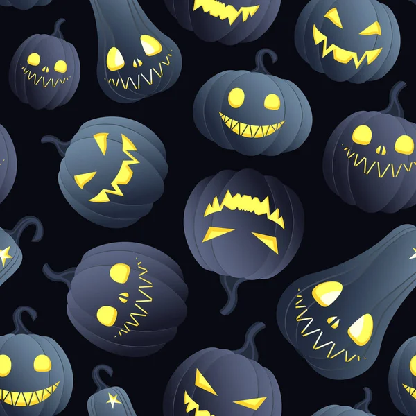 Sfondo Senza Cuciture Halloween Zucche Diverse Con Facce Luminose Uno — Vettoriale Stock