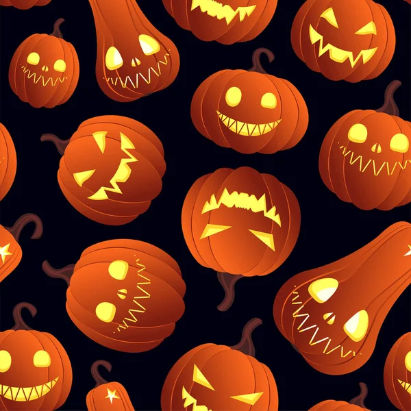 Nahtloser Hintergrund Für Halloween Verschiedene Kürbisse Mit Leuchtenden Gesichtern Auf — Stockvektor