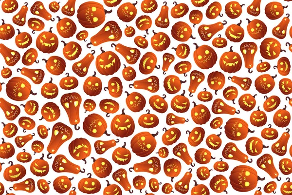 Zökkenőmentes Háttér Halloween Különböző Sütőtök Világító Arcok Fehér Alapon — Stock Vector