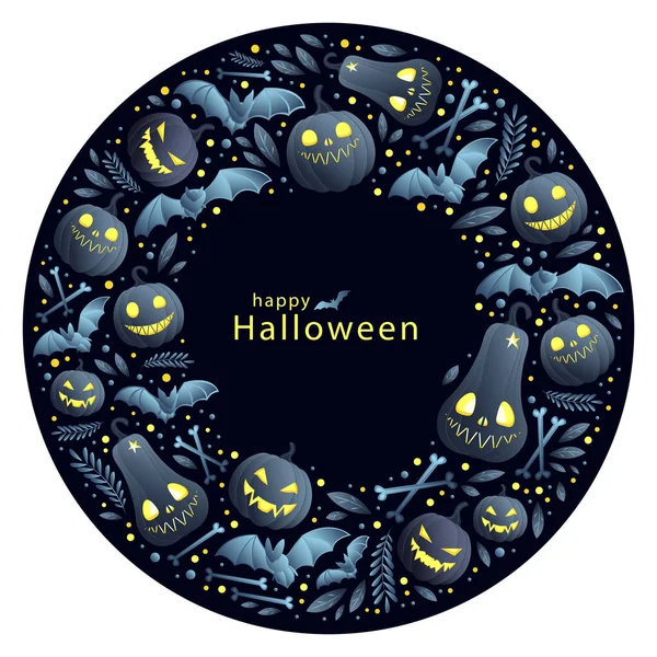 Sfondo Halloween Con Elementi Disposti Cerchio Zucche Pipistrelli Ossa Incrociate — Vettoriale Stock