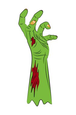Çarpık parmakları ve yırtık derisi olan yeşil zombi eli beyaz arka planda izole edilmiş cadılar bayramı vektör çizimi.