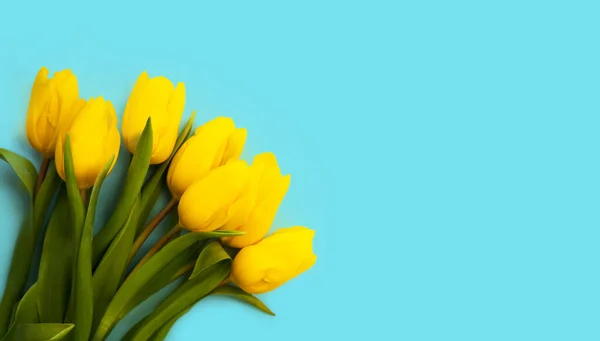 Banner Kytice Krásných Žlutých Tulipánů Modrém Pozadí Den Matek Března — Stock fotografie