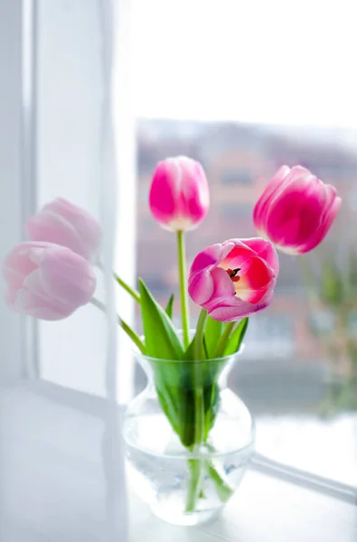 Bukiet Różowych Tulipanów Szklanym Wazonie Oknie Wiosną Zbliżenie — Zdjęcie stockowe