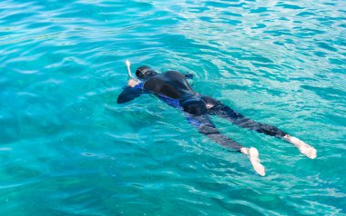 Dalgıç kıyafetli ve maskeli bir dalgıç denizde yüzer. Hobi olarak dalmak. Dalış dersleri. Boşluğu kopyala.