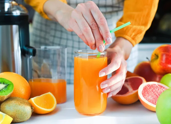 Woman Hands Insert Straw Glass Freshly Squeezed Fruit Juice Variety — Foto de Stock