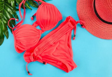 Kırmızı kadın mayosu, kırmızı şapka ve mavi arka planda yeşil palmiye dalları. Düz yatıyordu. Üst görünüm.