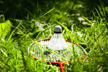 Beyaz mekikli horoz ve badminton raketi yeşil çimlerin üzerinde yatıyor. Parlak yaz güneşli bir gün. Sağlıklı yaşam tarzını kabul et. Fitness konsepti.