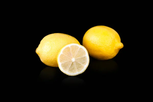 Ripe Juicy Lemons Black Background Close — Stock Photo, Image