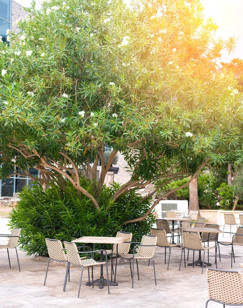 Gün batımında Budva şehrinde boş bir yazlık kafe manzarası. Seçici odak.