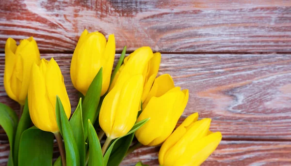Bouquet Beautiful Yellow Tulips Wooden Background Banner Top View Place — Zdjęcie stockowe